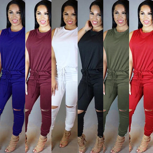 Ripped Knee O-Neck Sleeveless Women's Zipper Back Solid Color Drawstring Skinny Jumpsuit
