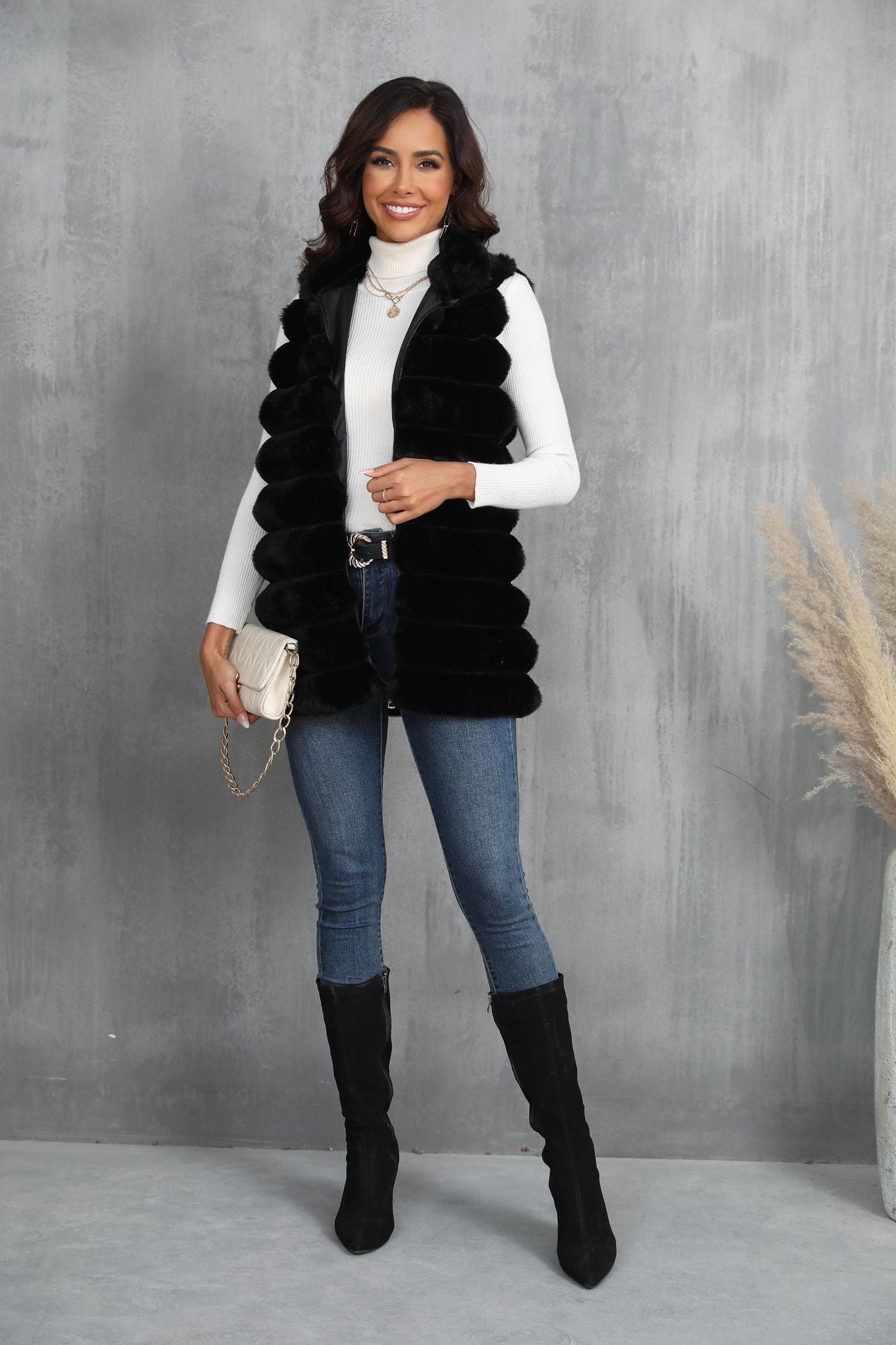 Ribbed Faux Fur Solid Color Sleeveless Women's Vest to 4X Plus Size