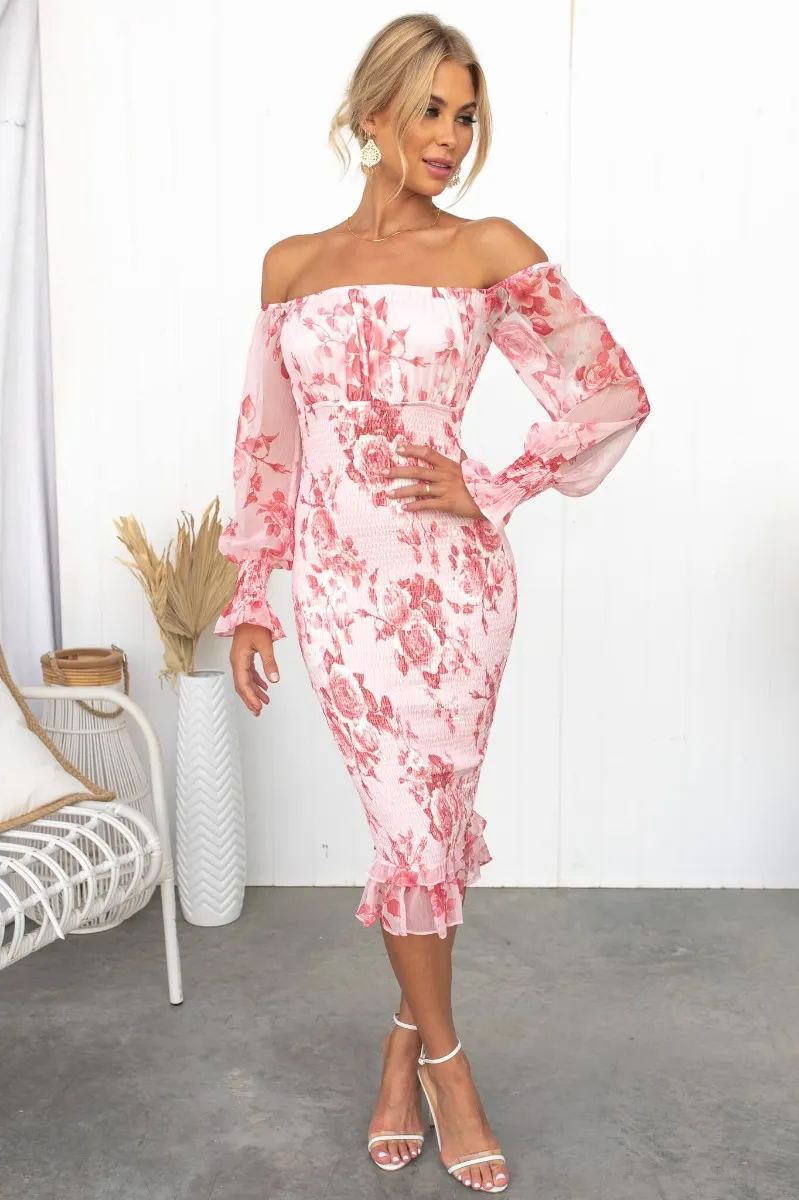 Flower Print Ruched Long Sleeve Off-the-Shoulder Flared Hem Midi Dress
