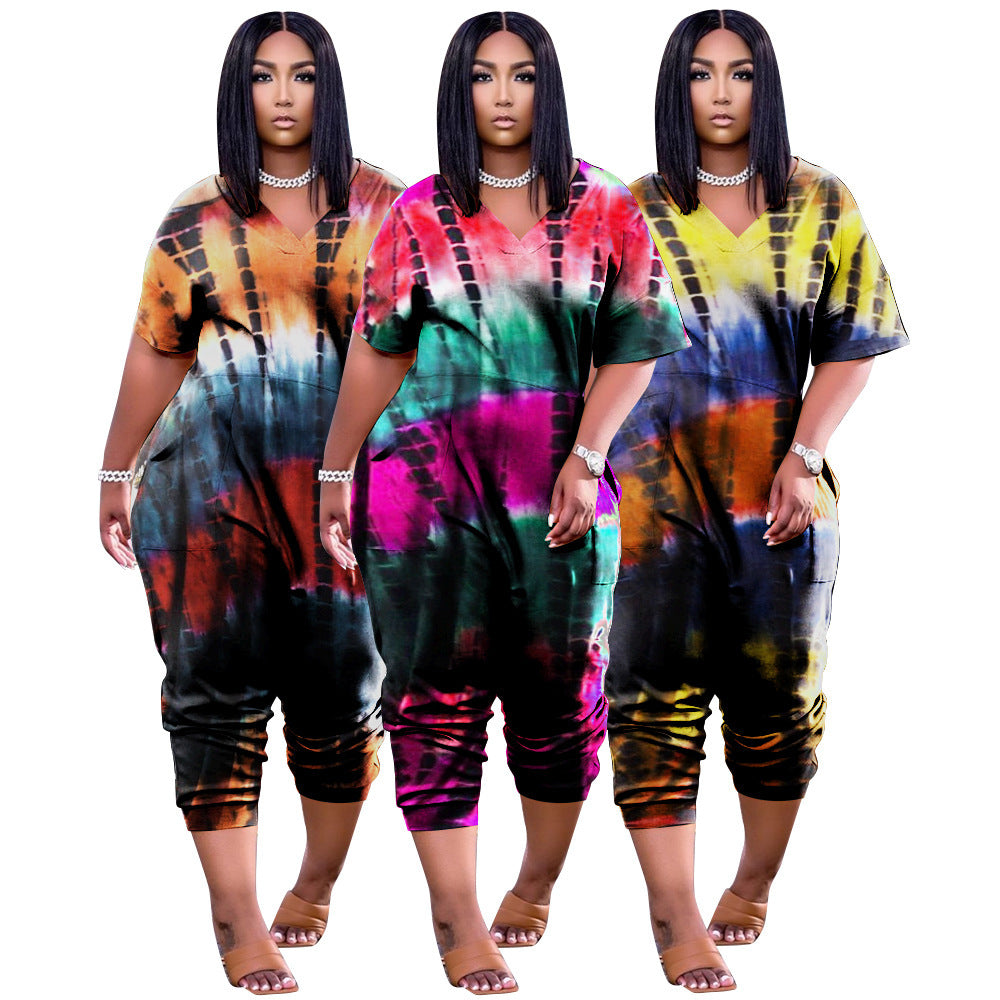 Tie-Dye Colorblock Print Women's Short Sleeve Loose Jumpsuit