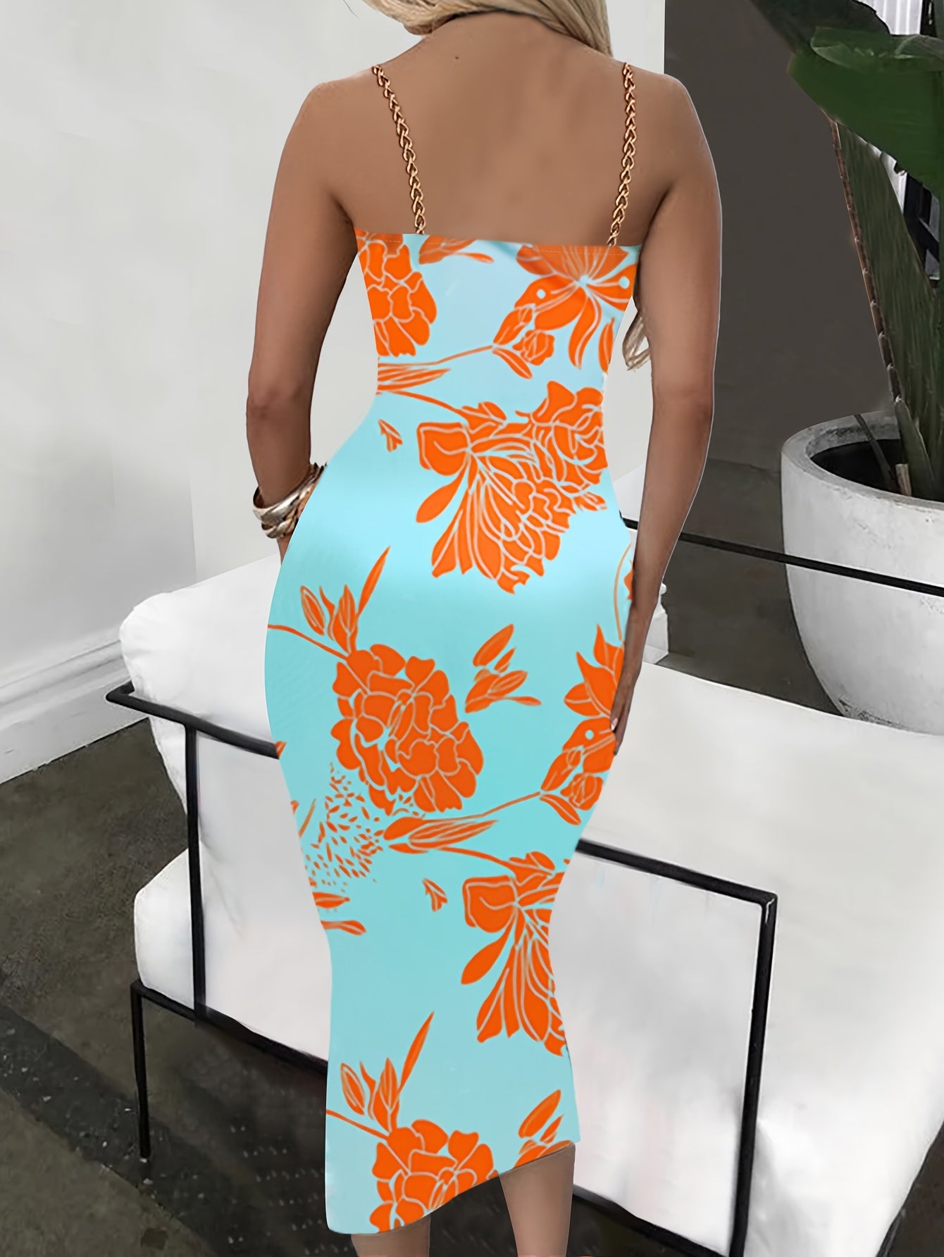 Flower Print Gold Chain Spaghetti Strap Sexy Cut-Out Sleeveless Bodycon High Slit Maxi Dress