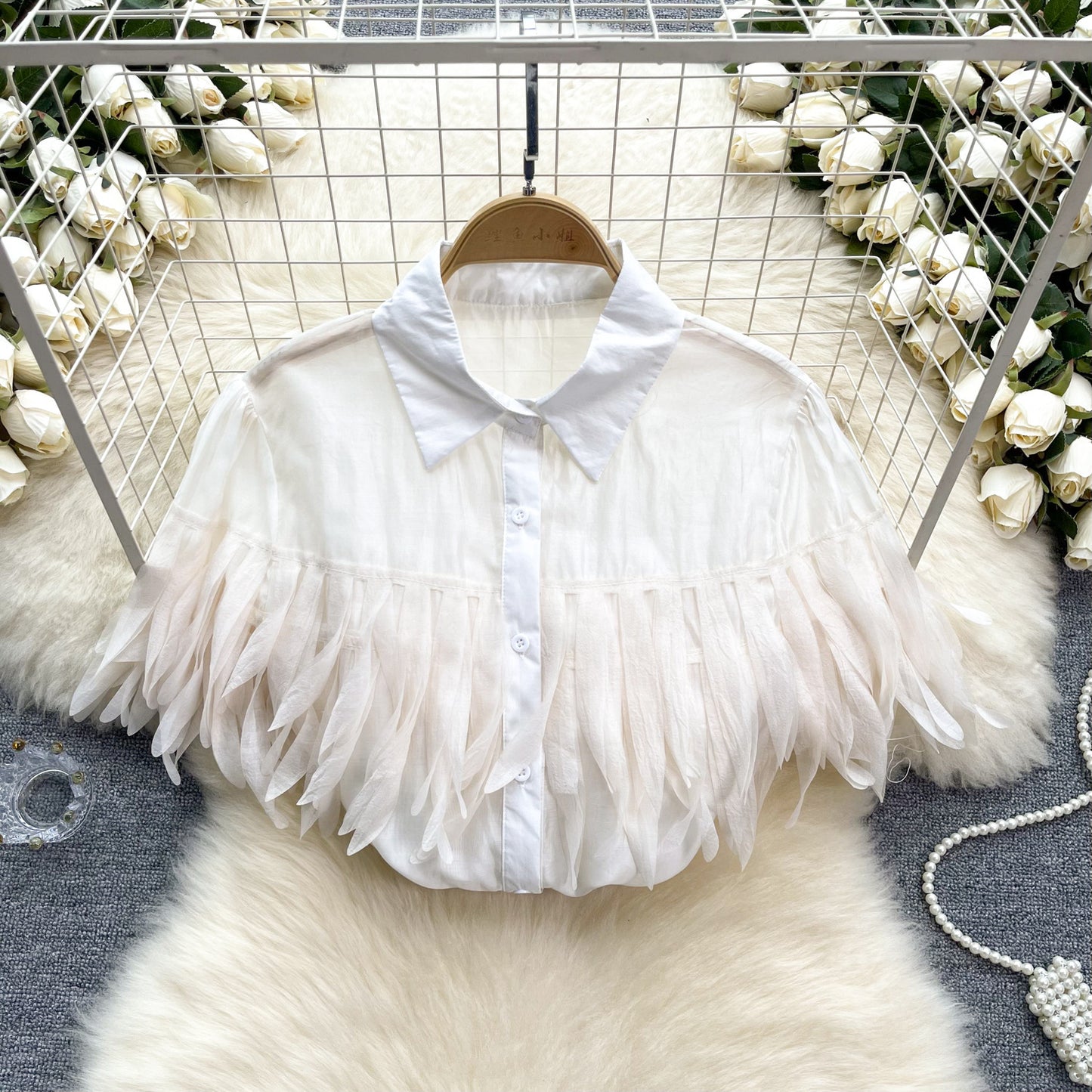 Sheer Tassel Fringe Puffed Short Sleeve Turn-Down Blouse