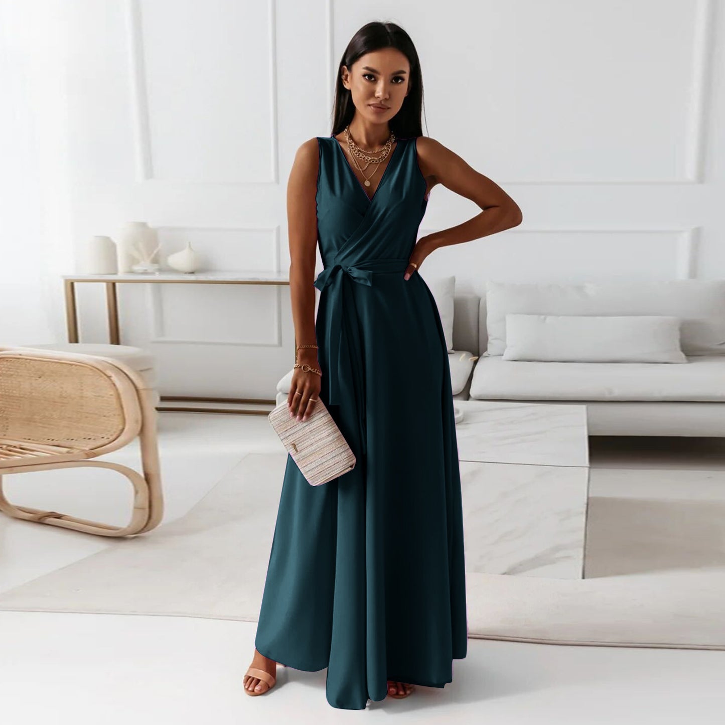 Solid Color V-Neck Sleeveless Belted Party Evening Maxi Wrap Dress