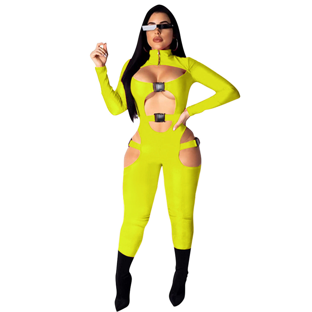 Sexy Hollow-Out Long Sleeve Solid Color Women's Skin Tight Jumpsuit