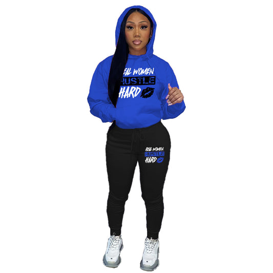 "Real Women Hustle Hard" Letter Print Velvet Lined Drawstring Hoodie Sweatshirt + Women's Skinny Jogger Sweatpants Tracksuit to 5X Plus Size