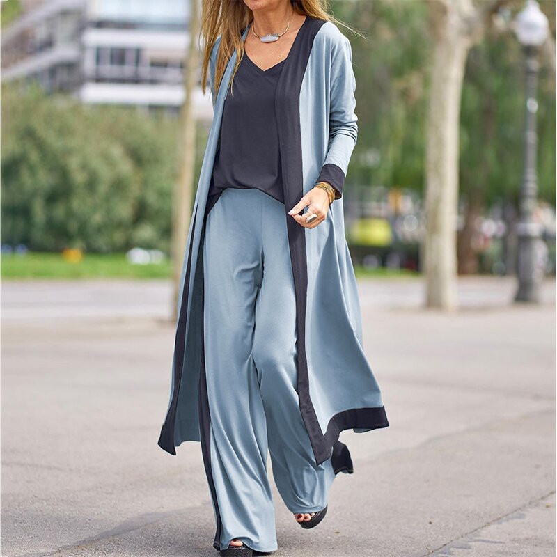 Three-piece Straight Pants Colorblock Cardigan Set