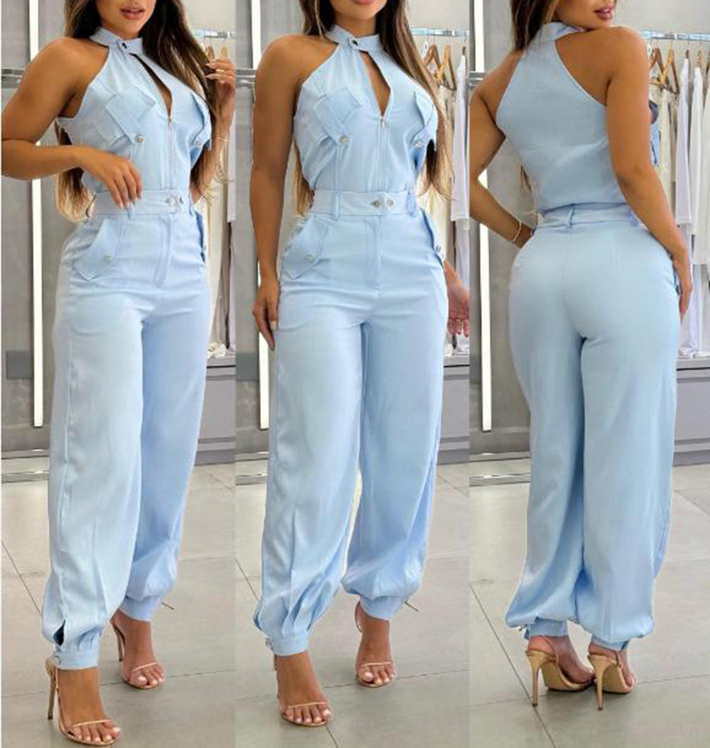 Sleeveless Irregular Zipper Detail Cargo Pocketed Halter Top + Pants Women's 2-Piece Set
