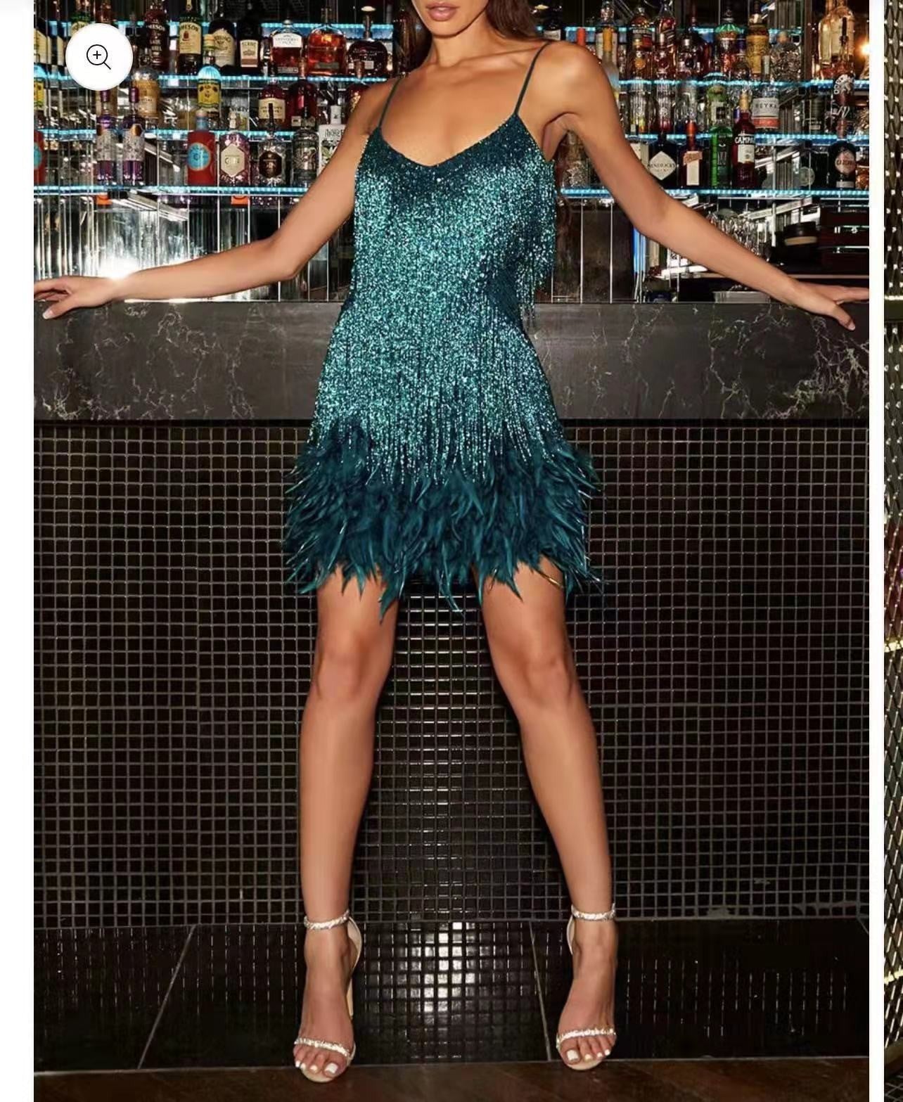 Tassel Sequin Feather Design Sleeveless V-Neck Spaghetti Strap Formal Mini Party Dress to 3X Plus Size