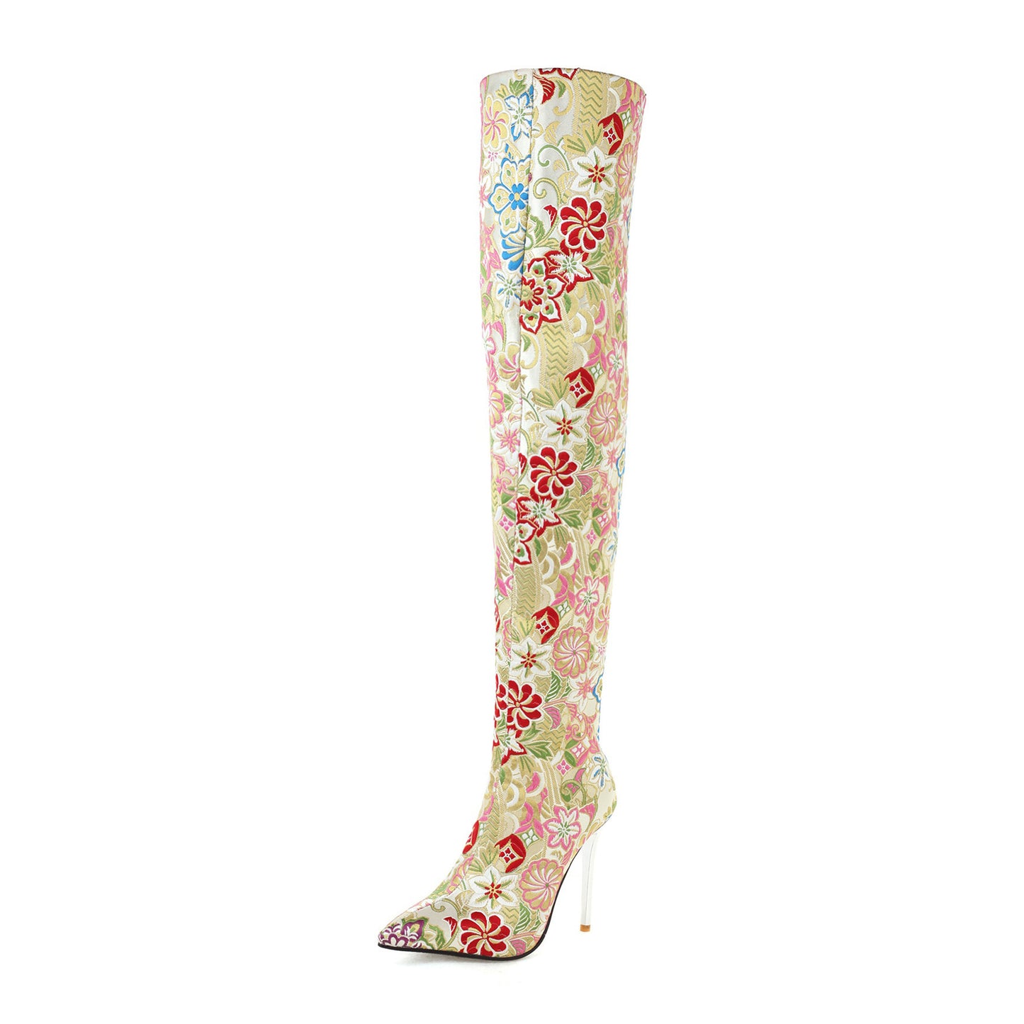 70's Flower Embroidered Pointed Toe Stiletto Heel Back Zipper Over-the-Knee Boots