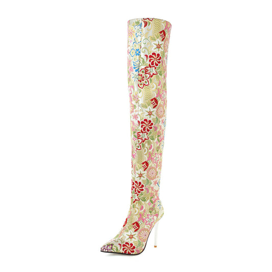 70's Flower Embroidered Pointed Toe Stiletto Heel Back Zipper Over-the-Knee Boots