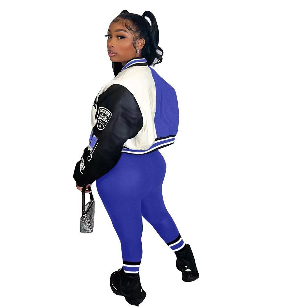 Colorblock Varsity Women's Hip-Hop Letterman's Baseball Bomber Jacket + Sweatpants 2-Piece Set
