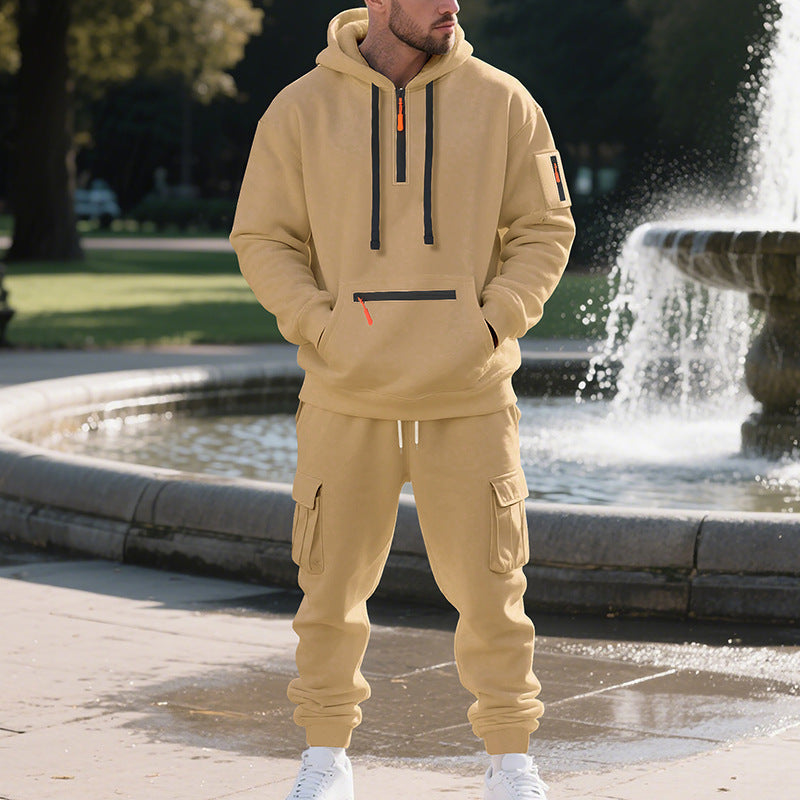 Men's Fleece Lined Zipper Pocket Drawstring Hoodie Sweatshirt + Multi-Pocket Cargo Sweatpants 2-Piece Tracksuit