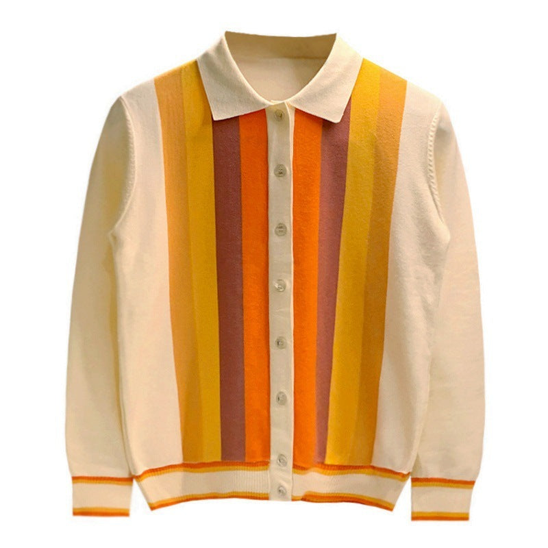 Men's Striped Colorblock Turn-Down Collar Button-Up Sweater