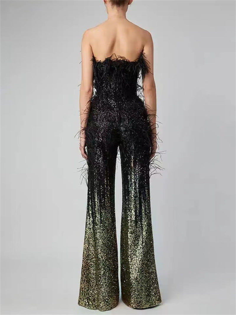Ostrich Feather Sequin Sparkling Glitter Gradient Design Sleeveless Formal Women's Tube Top Jumpsuit
