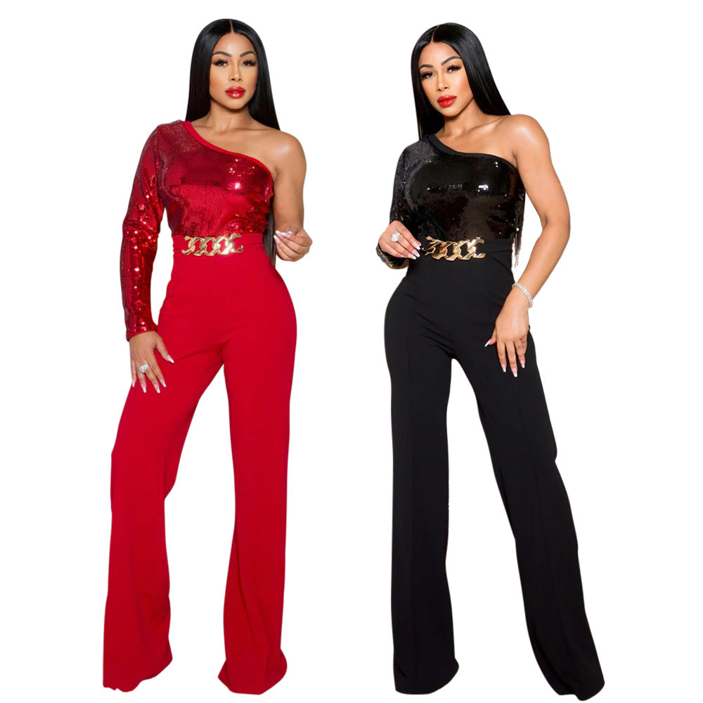 Sequin One Shoulder Sleeve Asymmetrical Sleeveless Gold Link Belt Design Women's Jumpsuit