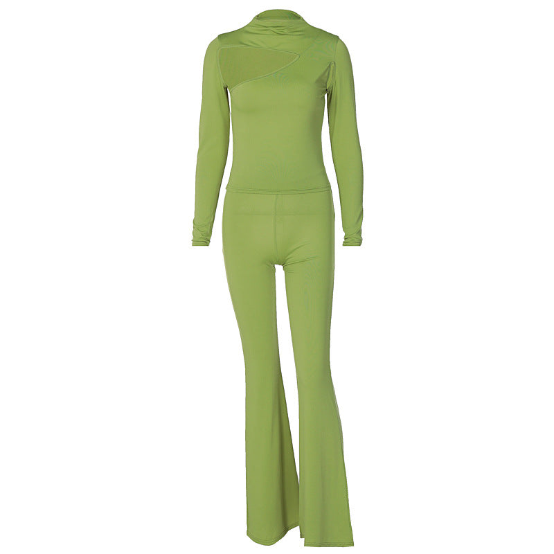 Women's Solid Color Slim Fit Long Sleeve Flared Pants Casual Suit