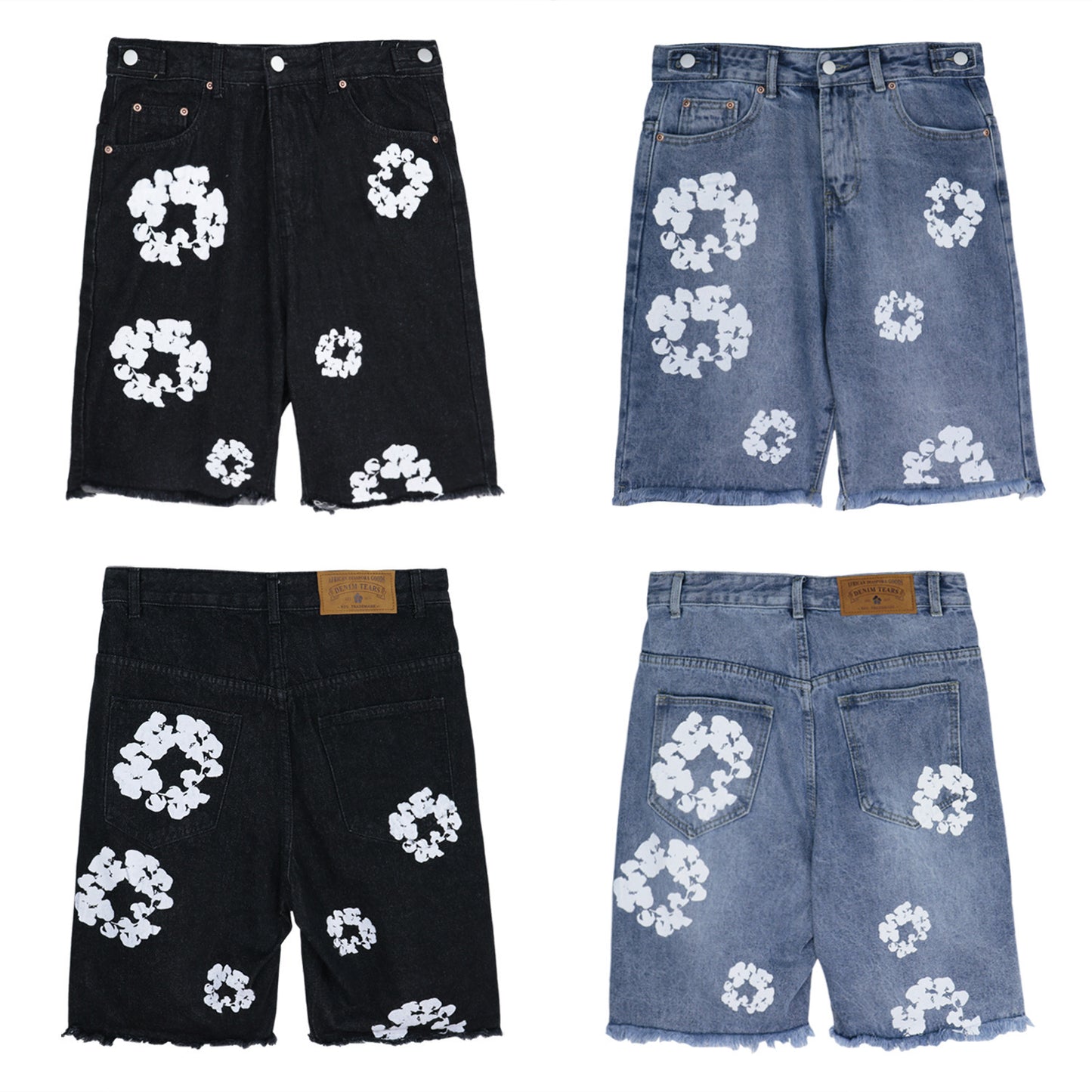 Men's Denim Big White Flower Print Jean Shorts
