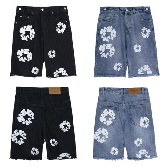 Men's Denim Big White Flower Print Jean Shorts