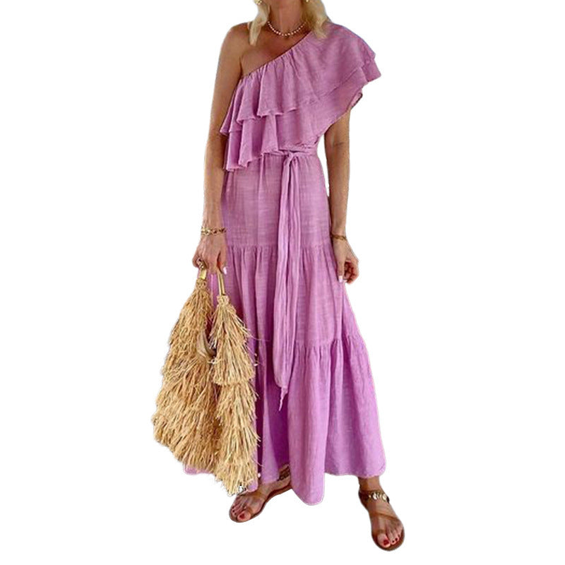Ruffled Tiered Layered Solid Color Asymmetrical One Shoulder Cotton Linen Sash Belted Maxi Dress