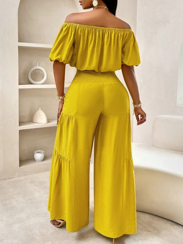 Ruched Solid Color Women's Off-the-Shoulder Short Sleeve O-Neck Crop Top + Wide Leg Tiered Bowknot Lace-Up Pants 2-Piece Set to 3X Plus Size