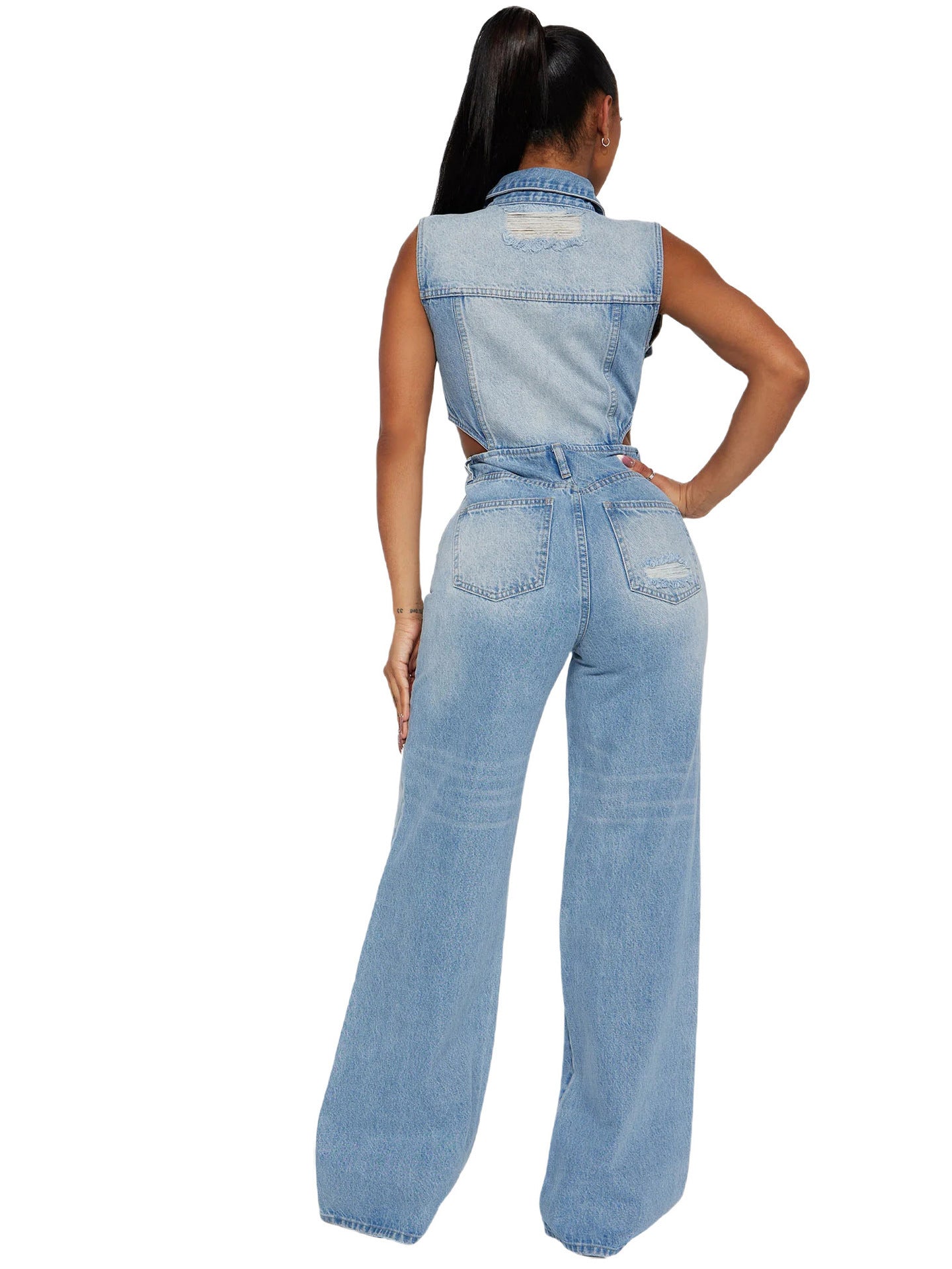 Denim Light Blue Gradient Washed Women's Hollow-Out Double Pocket Sleeveless Turn-Down Collar Overall Jean Jumpsuit
