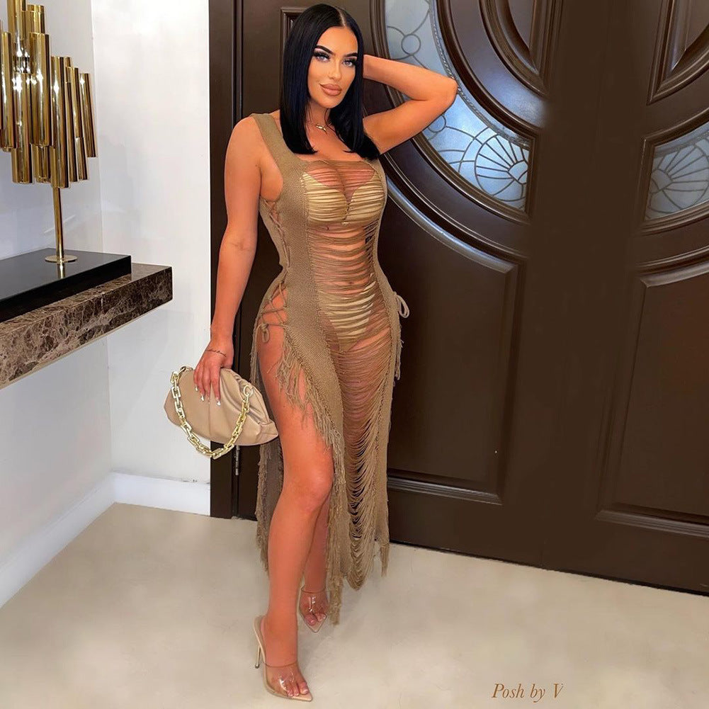 Sleeveless Tassel Fringe Detail Hollow-Out Double Side High Slit Women's Swimsuit Cover-Up Dress