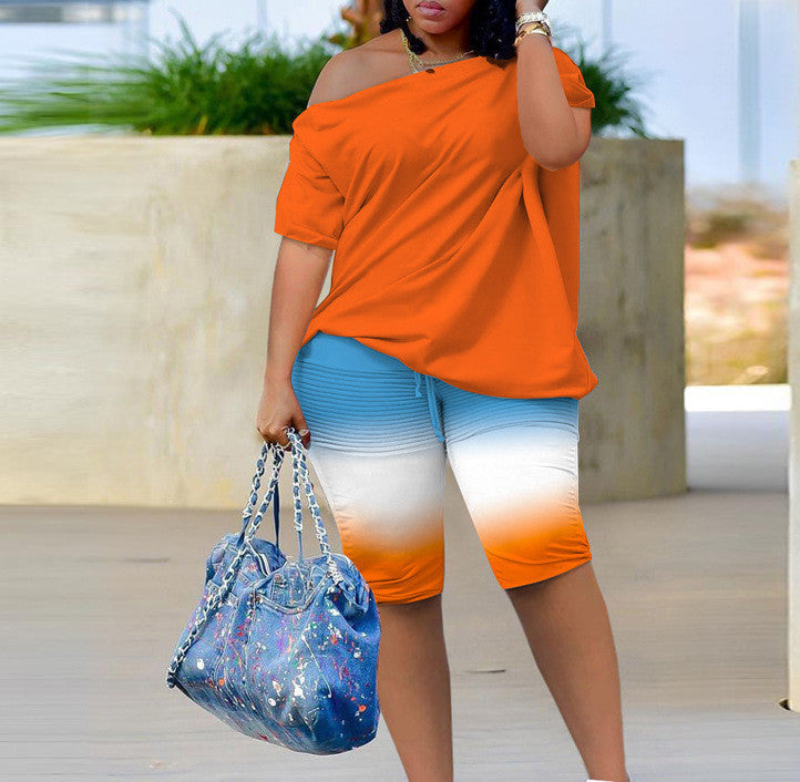 Black Queen Lips/Colorblock Striped/Geometric/No Not Today 3D Print Off-the-Shoulder Short Sleeve O-Neck Women's T-Shirt + Biker Shorts 2-Piece Set