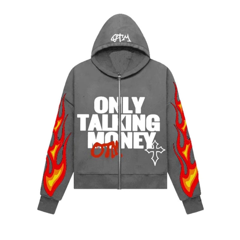 Men's "ONLY TALKING MONEY" Flame Letter Print Hip-Hop Zipper Hoodie Sweatshirts
