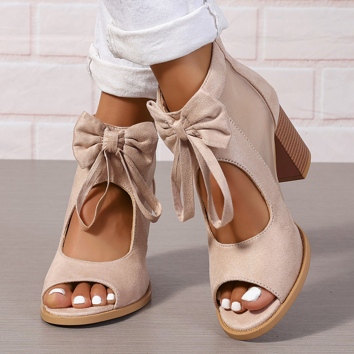 Bowknot Design Chunky Platform Heel Women's Hollow-Out Open Toe Ankle Strap Boots
