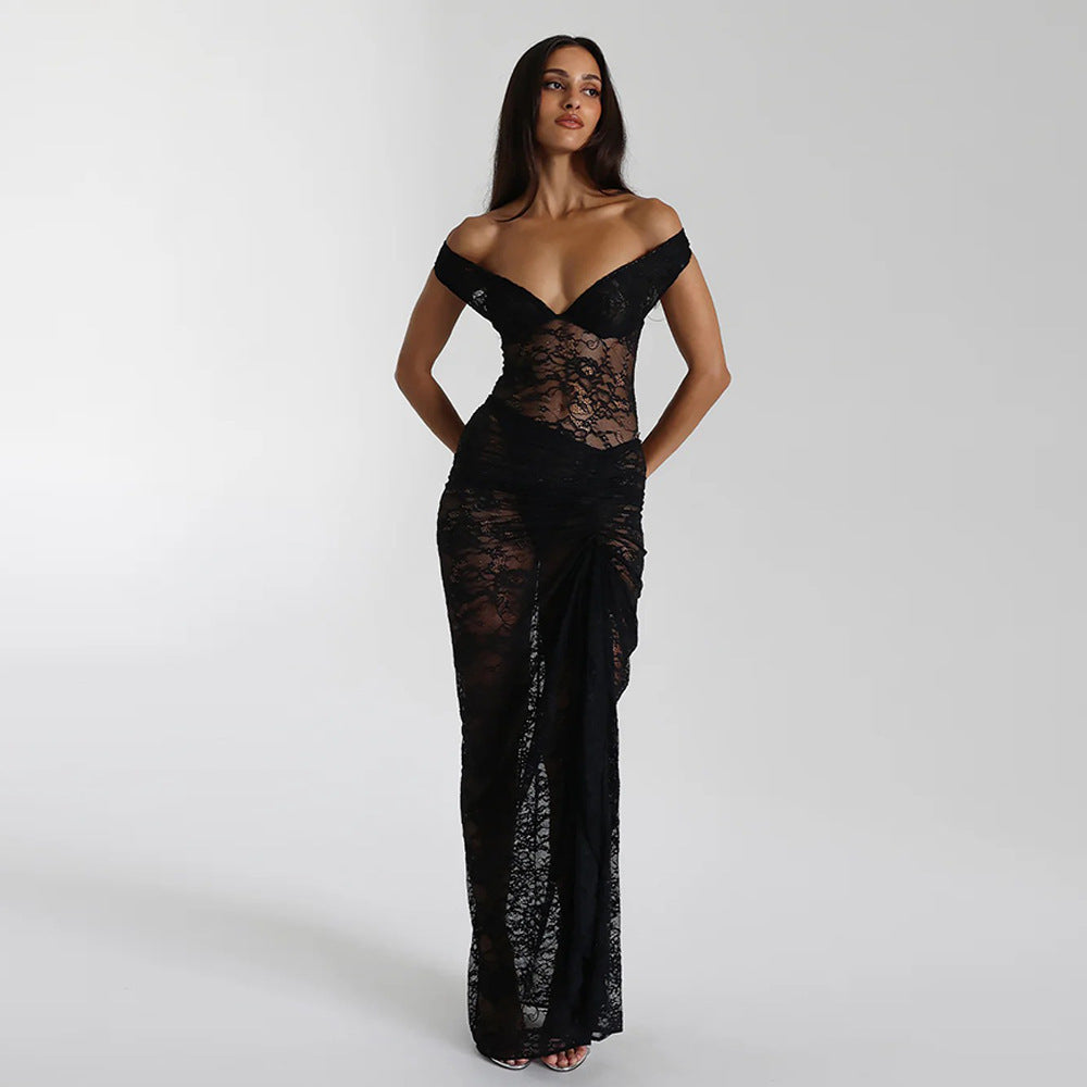 Lace Transparent Off-the-Shoulder Sleeveless Backless Maxi Dress