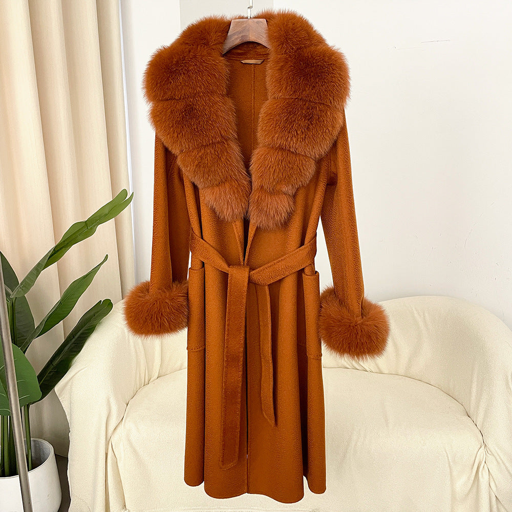 Oversized Fur Collar Double Sided Water Ripple Wool Women's Trenchcoat