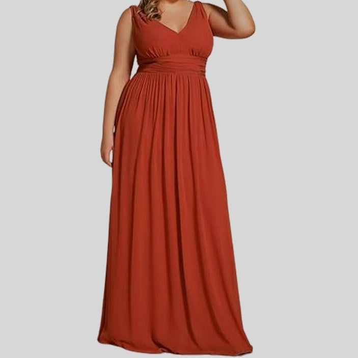 Pleated Sleeveless V-Neck Solid Color Evening Party/Bridal Dress to 3X Plus Size