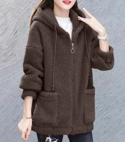 Fleece Solid Color Loose Women's Zipper Hoodie Jacket