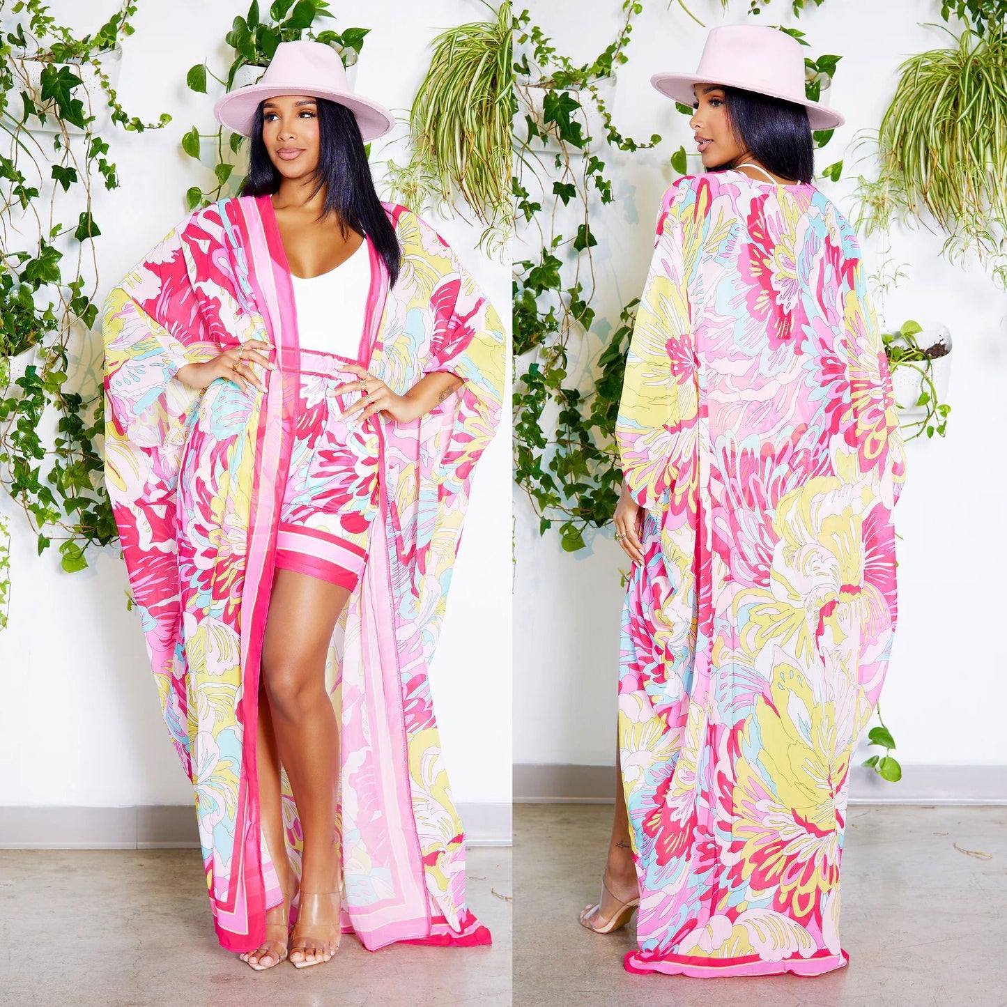 Chiffon Tropical Floral Print Maxi Cardigan Blouse w/ Matching Shorts 2-Piece Set