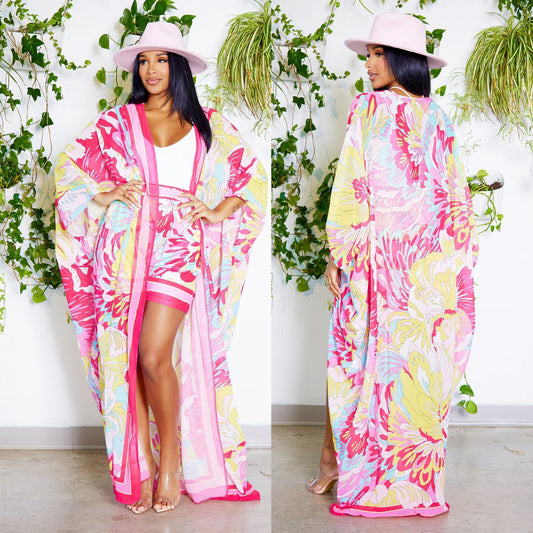 Chiffon Tropical Floral Print Maxi Cardigan Blouse w/ Matching Shorts 2-Piece Set