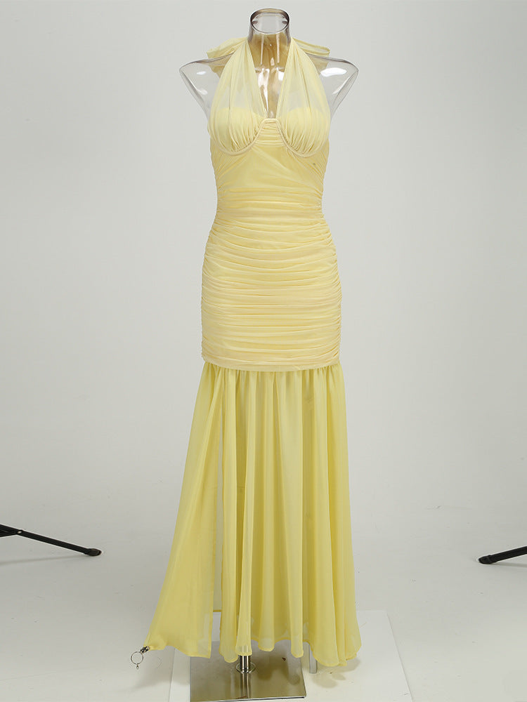 Yellow Mesh Transparent Ruched Halter High Slit Maxi Dress