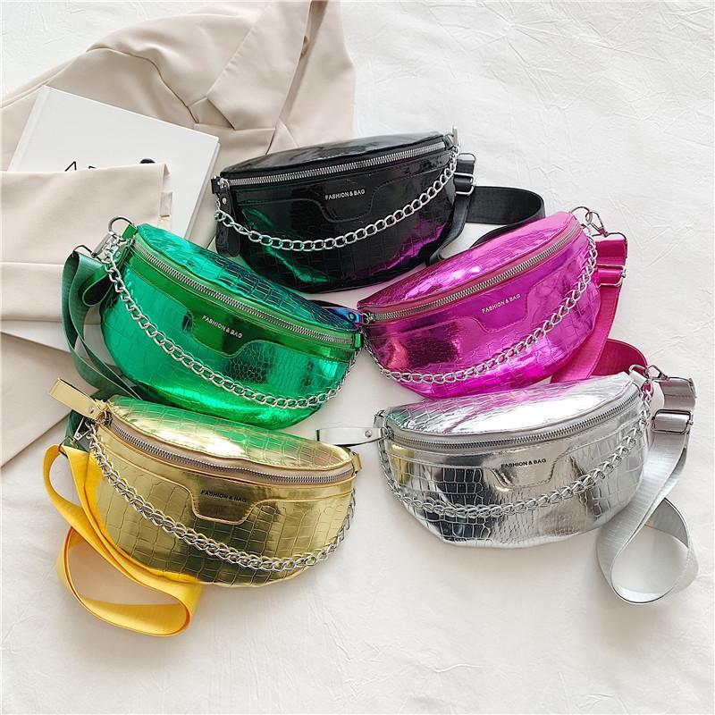 PU Leather Metallic Solid Color Women's Crossbody Zipper Belt Bag