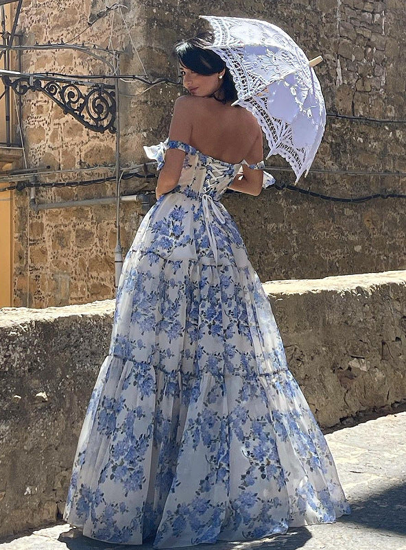 Floral White/Blue Off-the-Shoulder Bowknot Strap Lace-Up Big Swing Organza Maxi Formal Party Dress