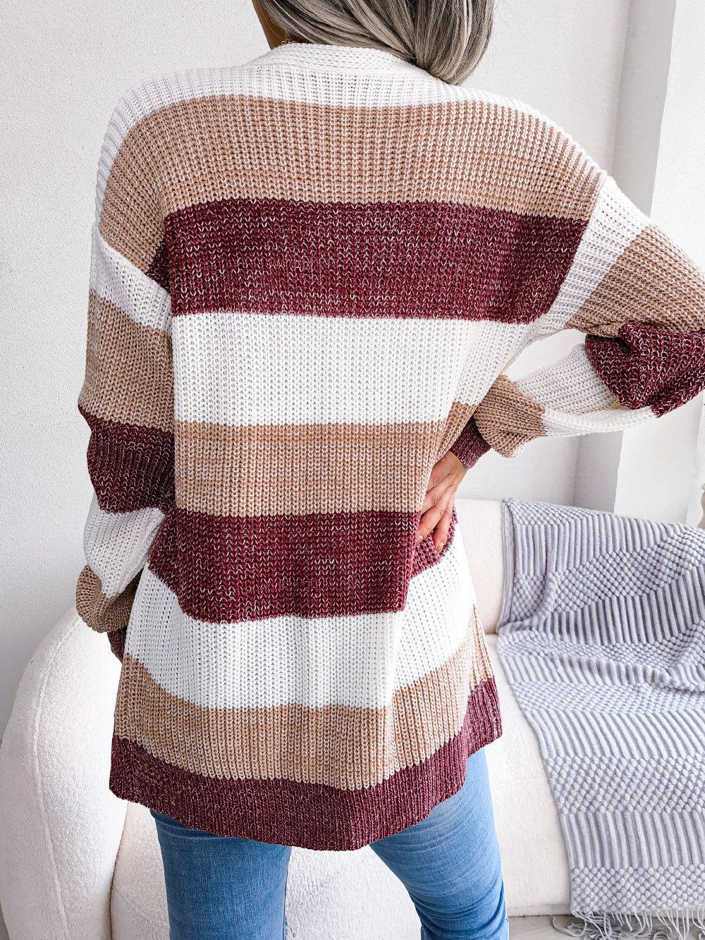 Striped Ribbed Women's Lantern Sleeve Cardigan Sweater