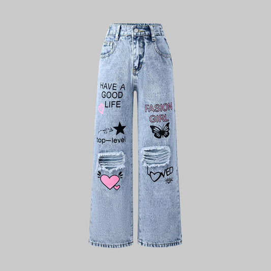 Denim Ripped Washed Star Butterfly Heart Print Letter Print Wide Leg Women's Jeans