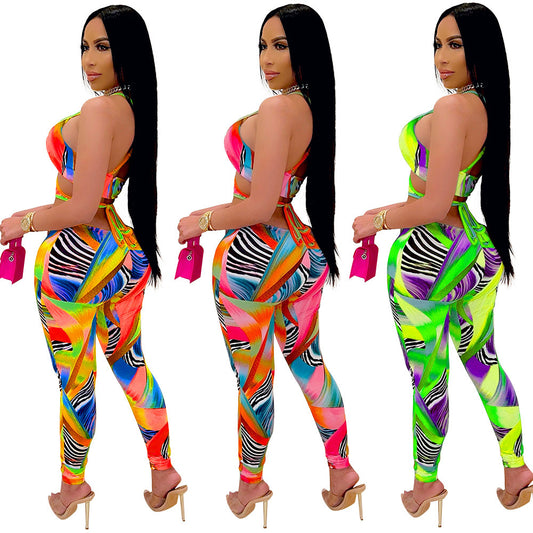 Sleeveless Geometric Swirl Print Hollow-Out Women's Lace-Up Skin Tight Jumpsuit