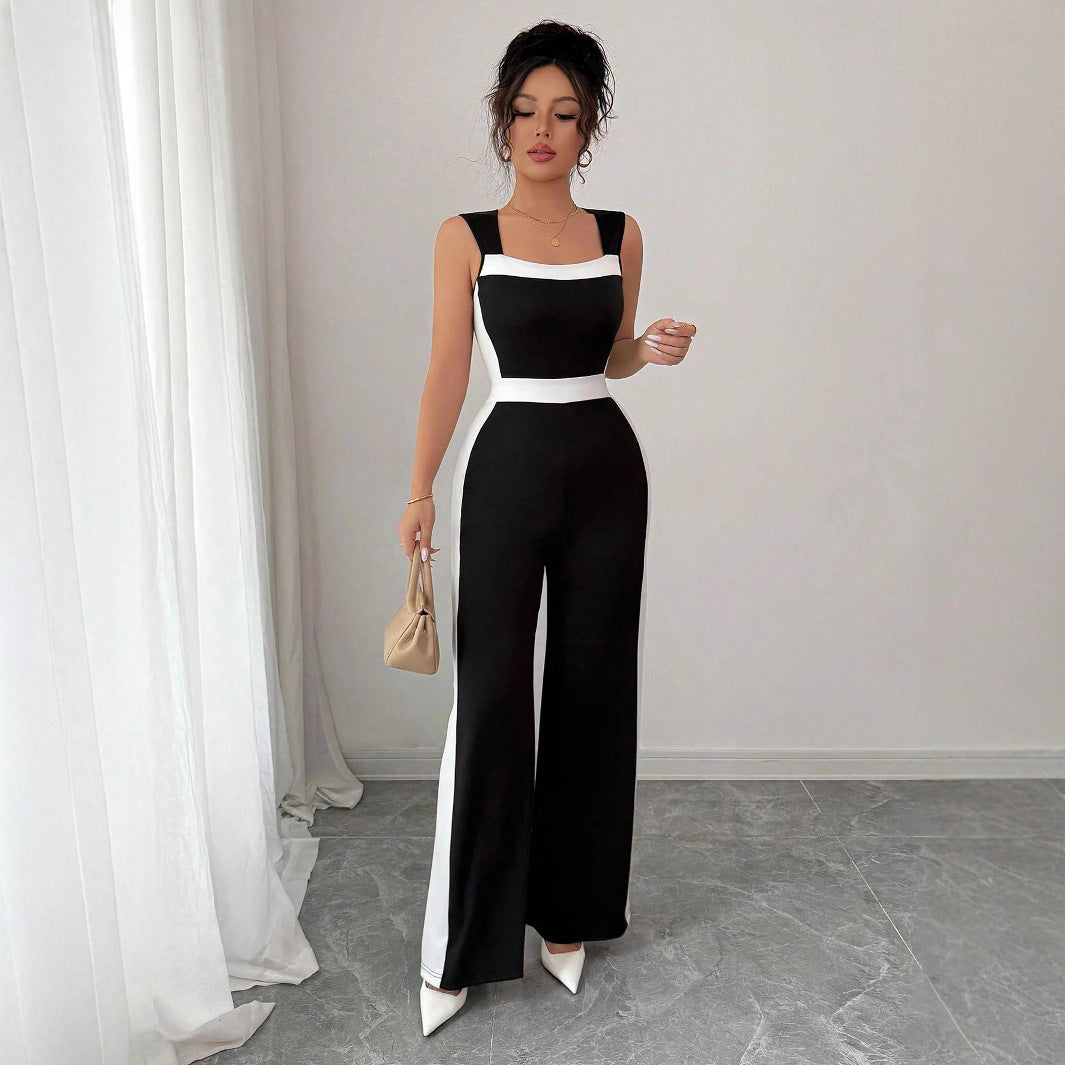Colorblock Black/White Side Striped Women's Sleeveless Wide Leg Bodycon Jumpsuit