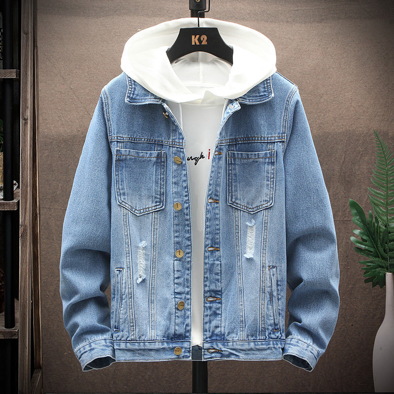Men's Denim Ripped Gradient/Solid Loose Hip-Hop Button-Up Jean Jacket