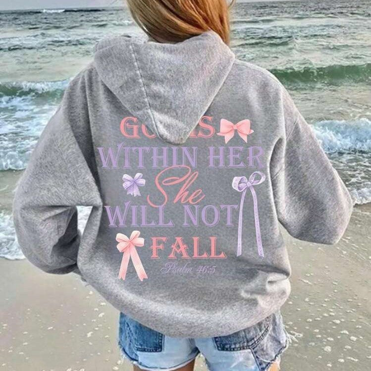 Oversized "God Is Within Her She Will Not Fail" O-Neck Bow Butterfly Heart Letter Print Women's Hoodie Sweatshirt
