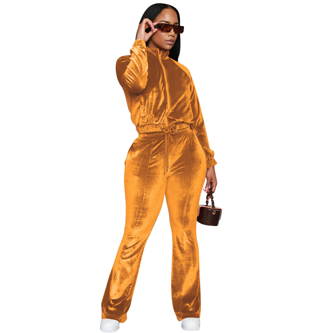 Velvet Drawstring Solid Color Women's Mandarin Collar Zipper Sweat Jacket + Sweatpants Tracksuit