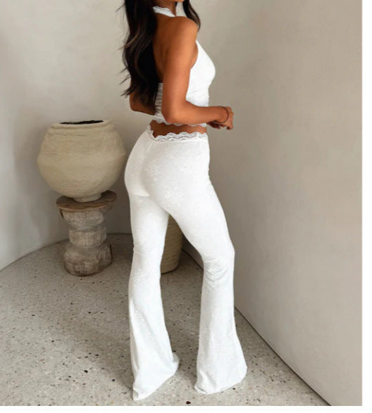 Lace Trim Sleeveless Women's V-Neck Halter Top + Skinny Elastic Waist Leggings 2-Piece Set