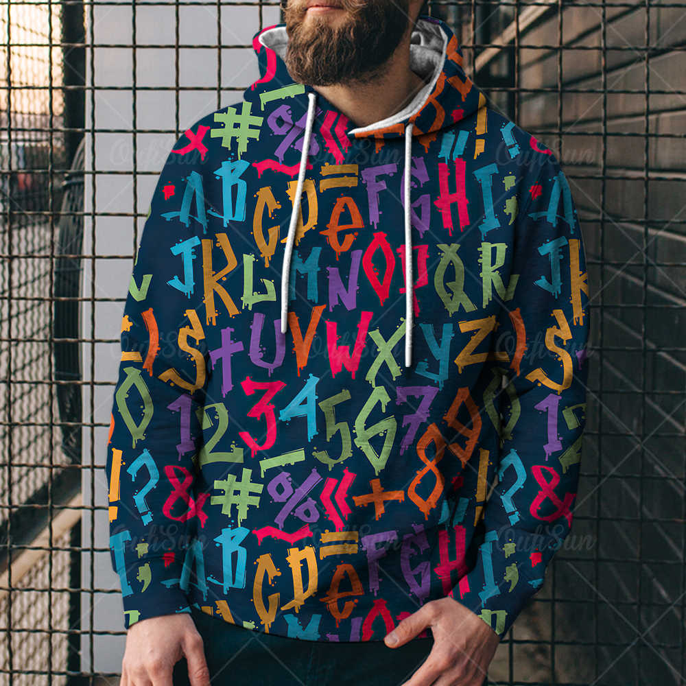 Men's Hip-Hop Drawstring Geometric Graffiti Letter 3D Print Hoodie Sweatshirt