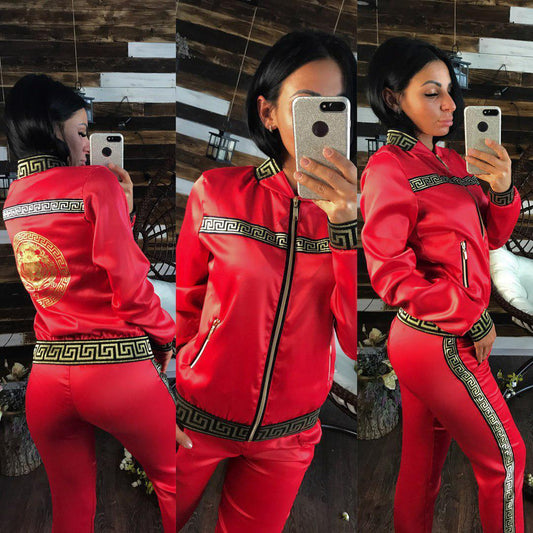 Satin Geometric Monogram Print O-Neck Women's Zipper Bomber Jacket + Sweatpants Tracksuit
