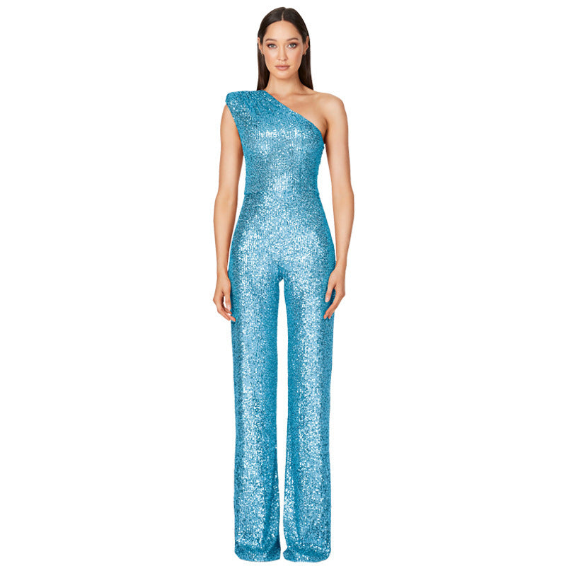 Sequin Sleeveless Sparkling Glitter Asymmetrical One Shoulder Women's Jumpsuit