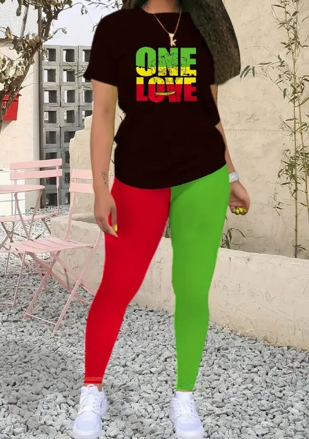 Colorblock "One Love' Women's Printed O-Neck T-Shirt + 2-Tone Leggings 2-Piece Set